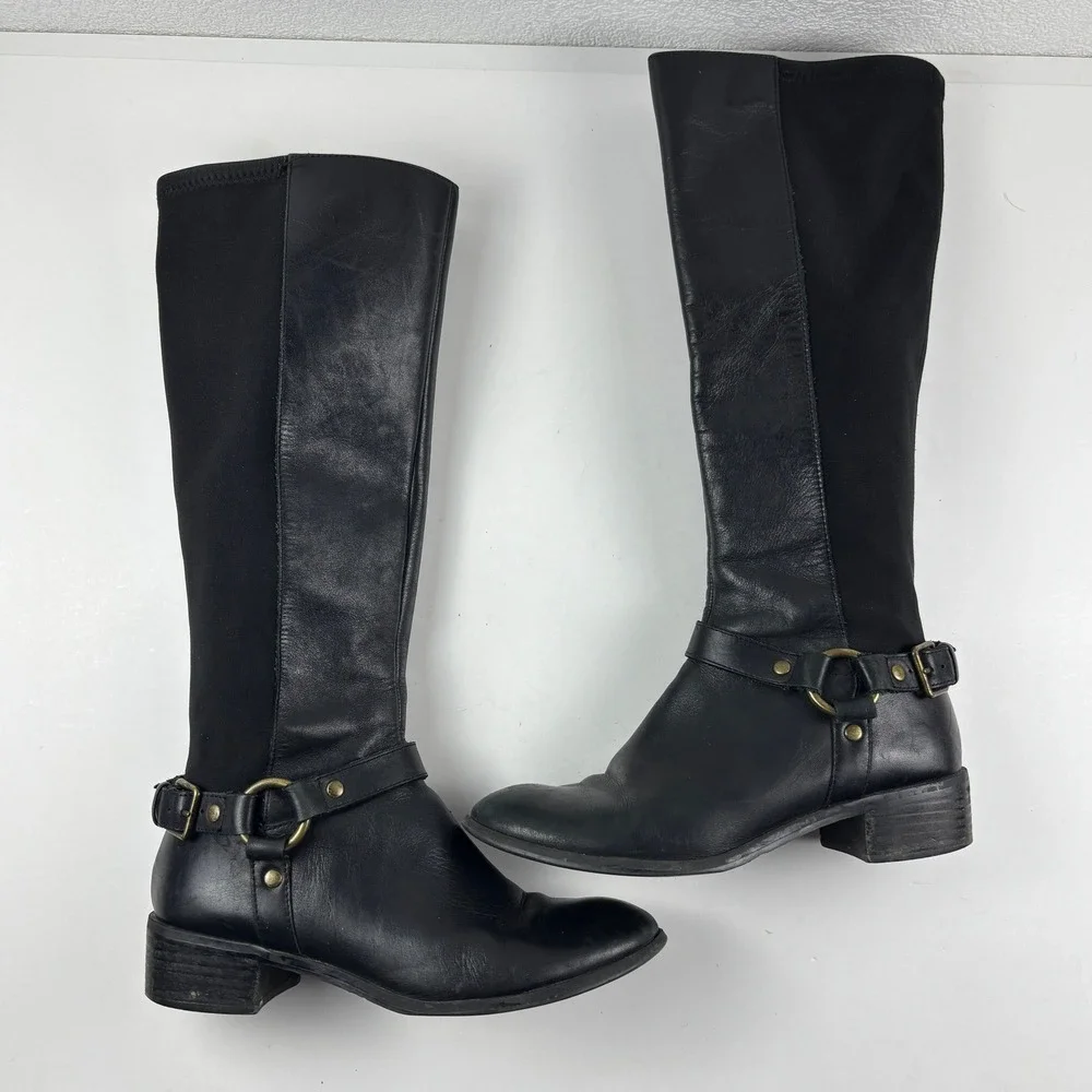 14th & Union Riding Boots Women 6.5 Black Leather Stretch Harness Moto Streewear